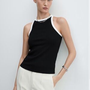 Mango Cotton Contrast Trim Black White Racer Back Sleveless Tank Top (XS)